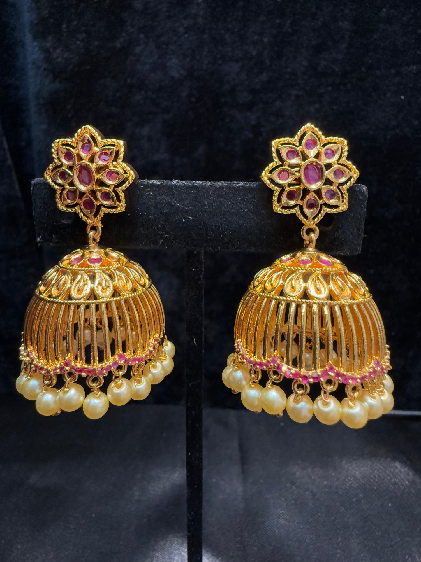 Dazzling Gold Plated Designer Jhumka with Hot Pink Color Stone With Pearl Drop