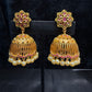 Dazzling Gold Plated Designer Jhumka with Hot Pink Color Stone With Pearl Drop