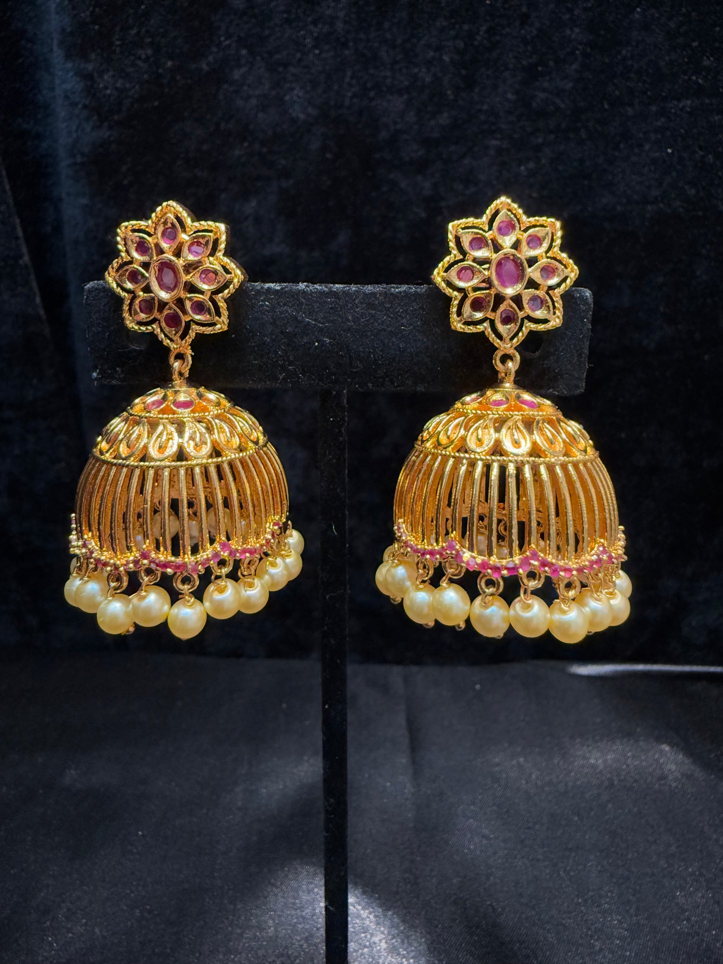 Dazzling Gold Plated Designer Jhumka with Hot Pink Color Stone With Pearl Drop