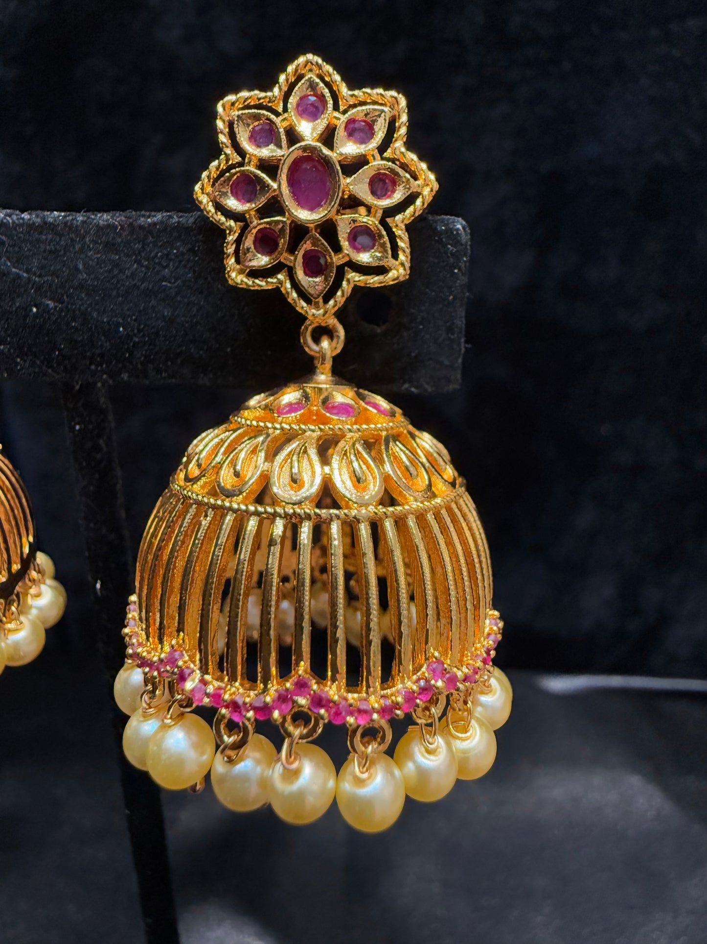 Dazzling Gold Plated Designer Jhumka with Hot Pink Color Stone With Pearl Drop