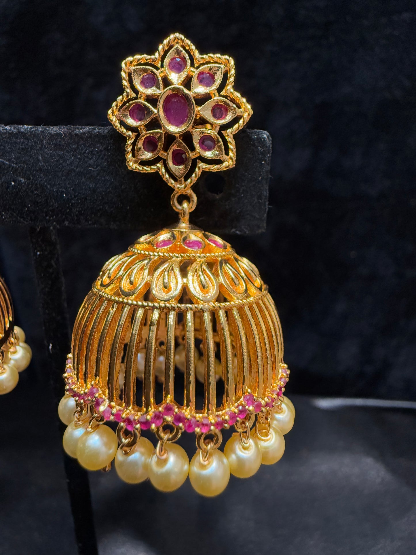 Dazzling Gold Plated Designer Jhumka with Hot Pink Color Stone With Pearl Drop