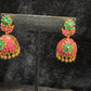 Alluring Gold Plated Designer Jhumka with Hot Pink And Green Color Stone Flower Design