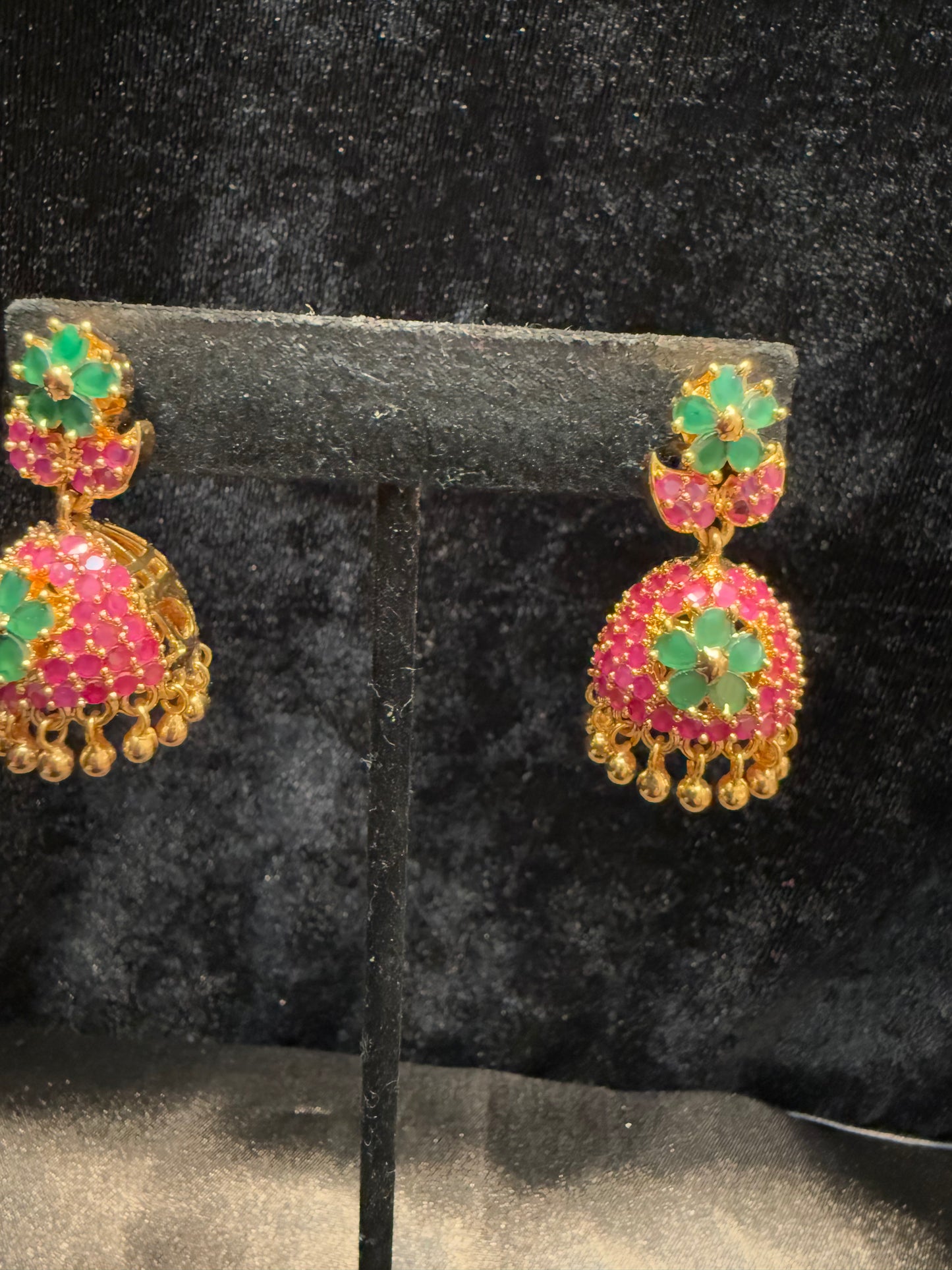 Alluring Gold Plated Designer Jhumka with Hot Pink And Green Color Stone Flower Design