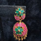 Alluring Gold Plated Designer Jhumka with Hot Pink And Green Color Stone Flower Design