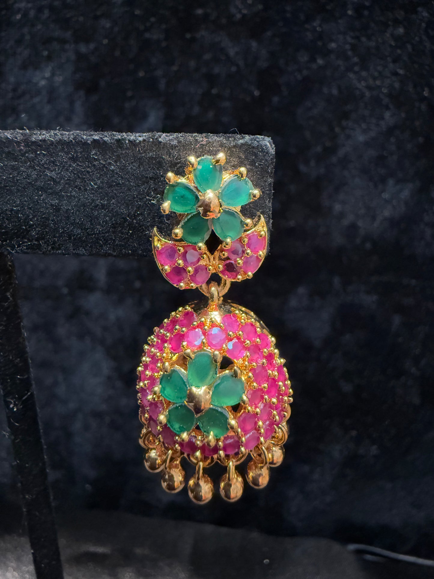 Alluring Gold Plated Designer Jhumka with Hot Pink And Green Color Stone Flower Design