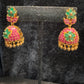 Alluring Gold Plated Designer Jhumka with Hot Pink And Green Color Stone Flower Design