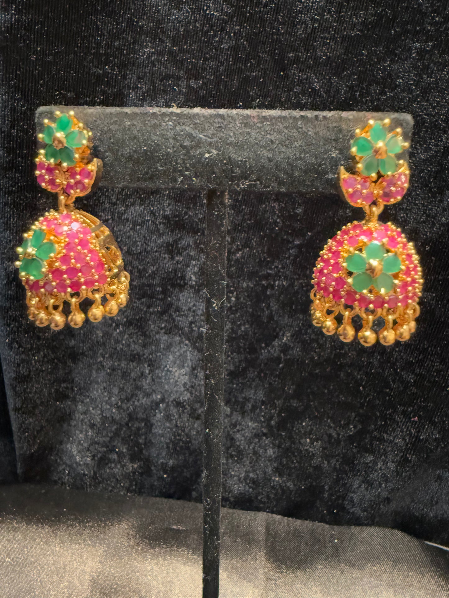 Alluring Gold Plated Designer Jhumka with Hot Pink And Green Color Stone Flower Design