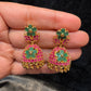 Alluring Gold Plated Designer Jhumka with Hot Pink And Green Color Stone Flower Design