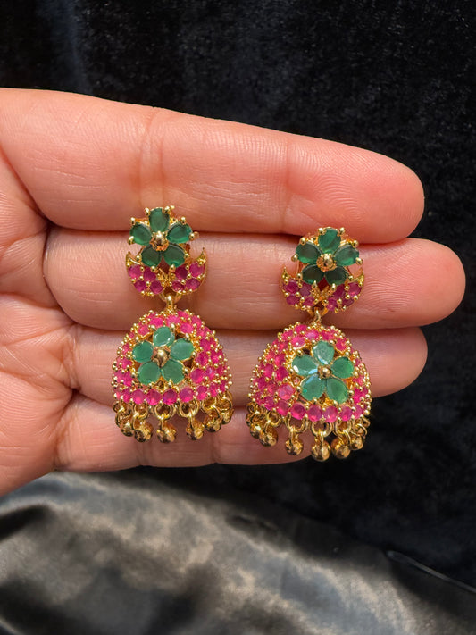 Alluring Gold Plated Designer Jhumka with Hot Pink And Green Color Stone Flower Design