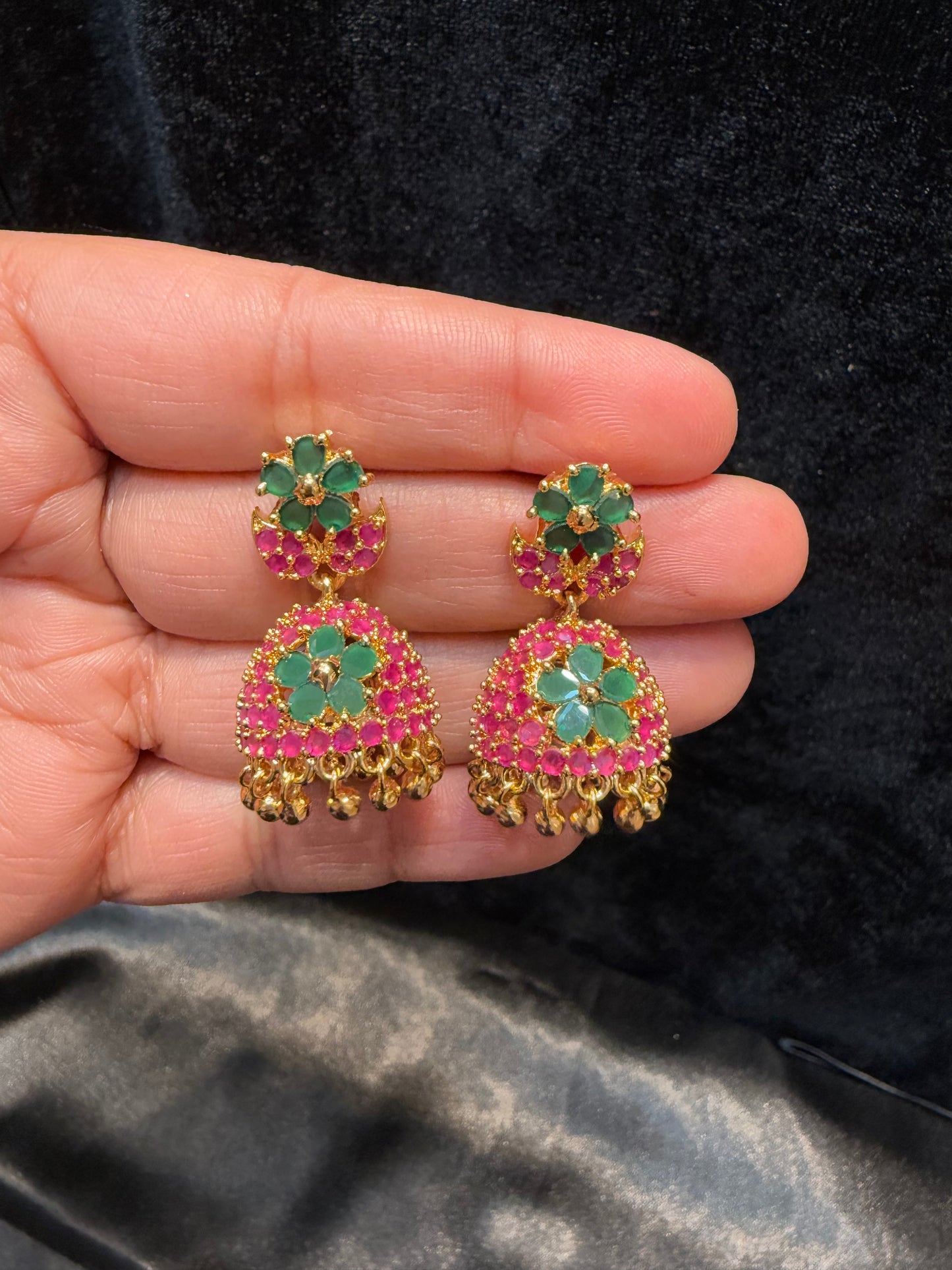 Alluring Gold Plated Designer Jhumka with Hot Pink And Green Color Stone Flower Design