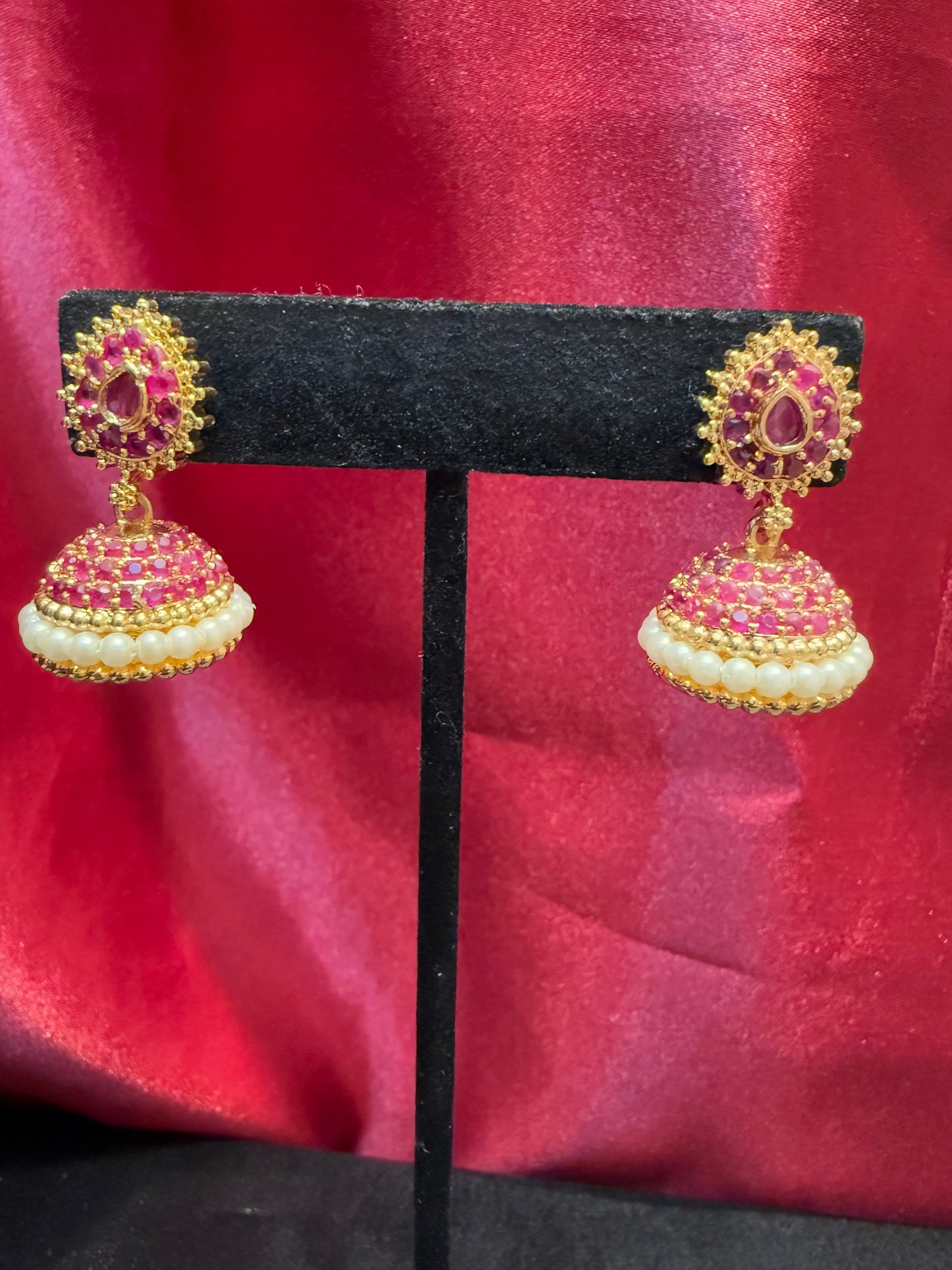 Appealing Gold Plated Designer Jhumka with Hot Pink Color Stone With Pearl Drop