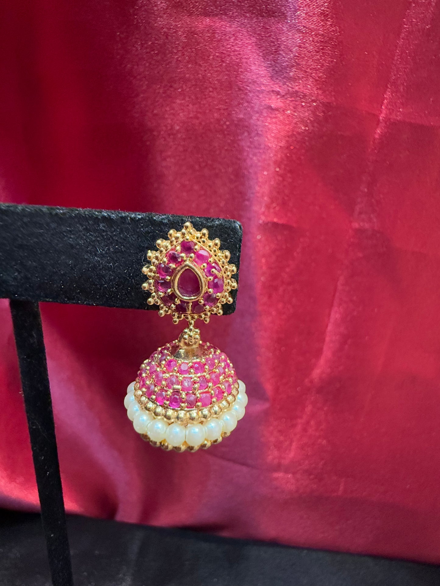 Appealing Gold Plated Designer Jhumka with Hot Pink Color Stone With Pearl Drop