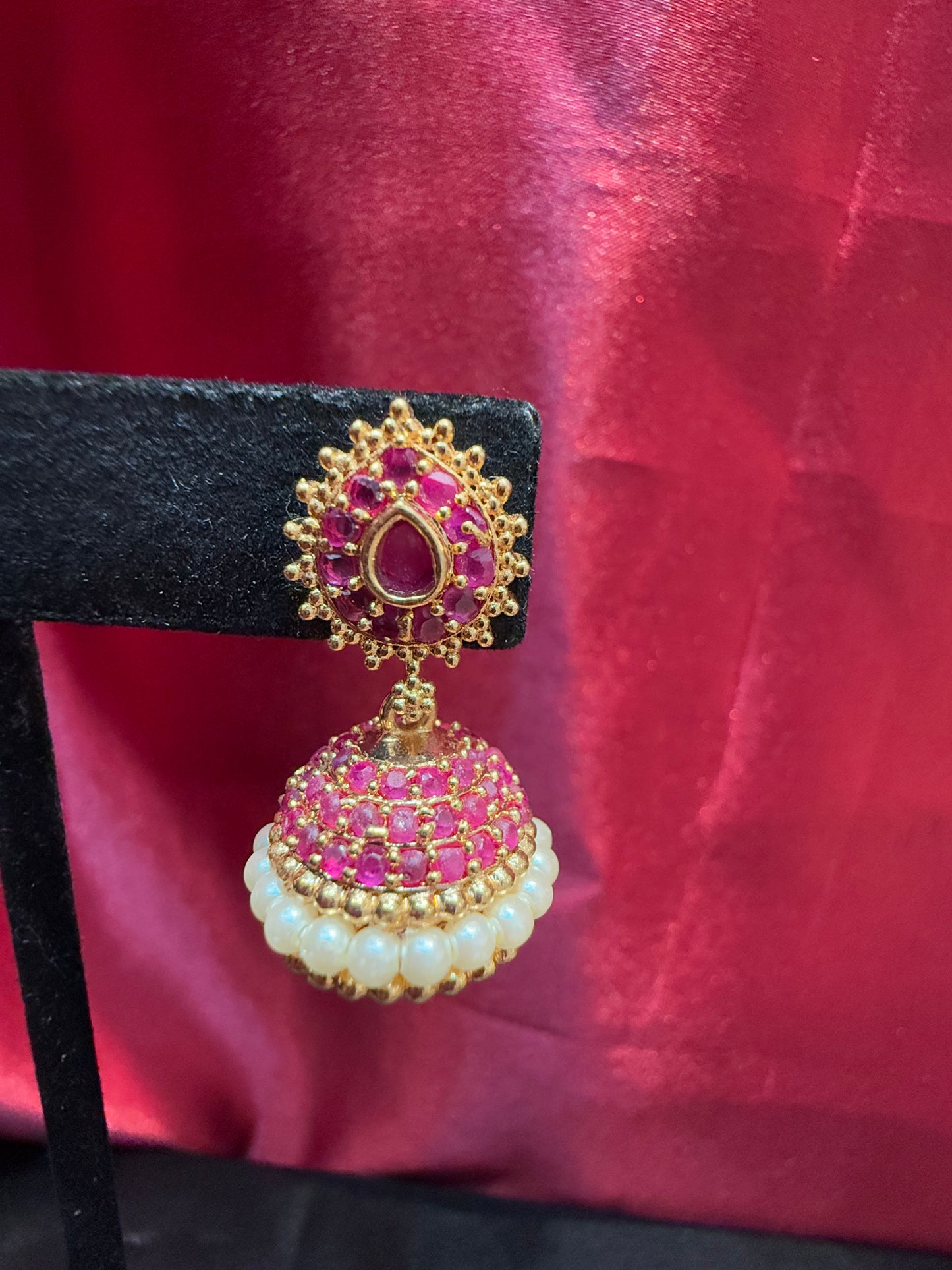 Appealing Gold Plated Designer Jhumka with Hot Pink Color Stone With Pearl Drop