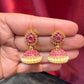 Appealing Gold Plated Designer Jhumka with Hot Pink Color Stone With Pearl Drop