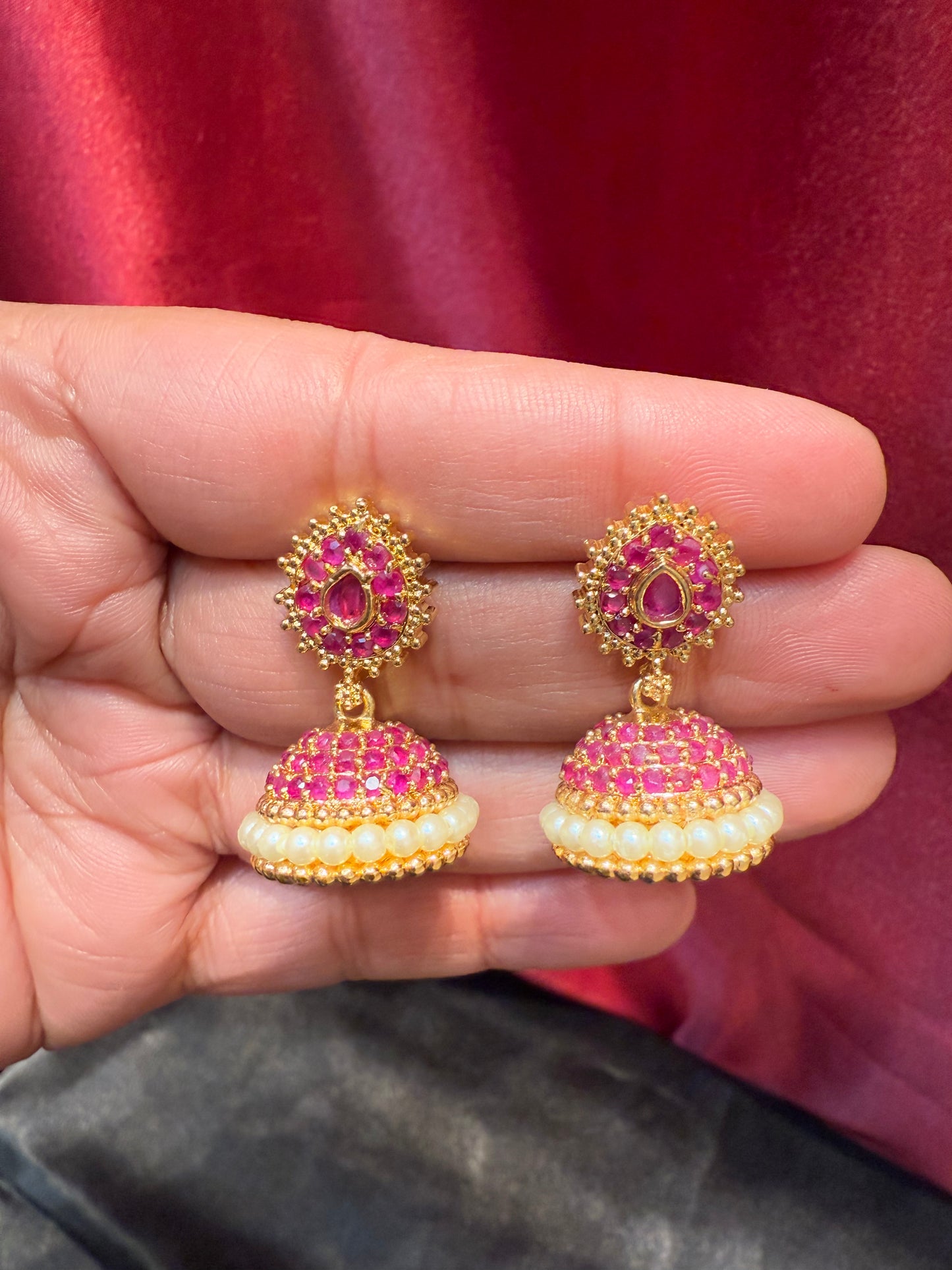 Appealing Gold Plated Designer Jhumka with Hot Pink Color Stone With Pearl Drop