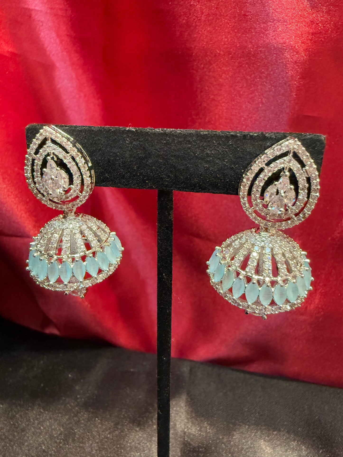 American Diamond Designer Jhumka With Light Blue Color Stone With White Stone Bead Near Me