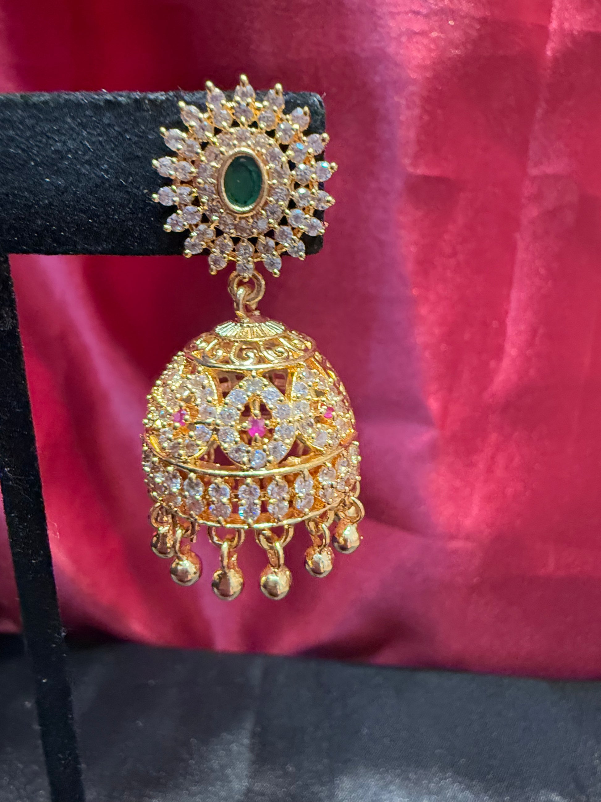 Appealing Gold Plated Designer Jhumka With Green Color Stone Near Me