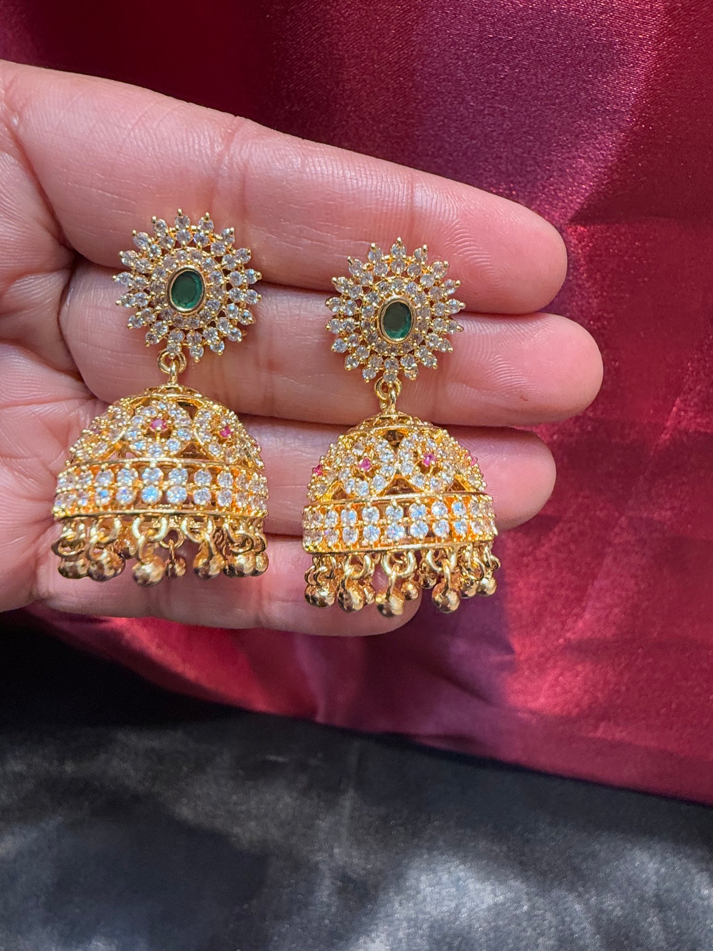  Gold Plated Designer Jhumka with Green Color Stone With Golden Beads In USA