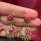 Dazzling Gold Plated Designer Jhumka with Hot Pink Color Stone And Golden Beads With Flower Designs