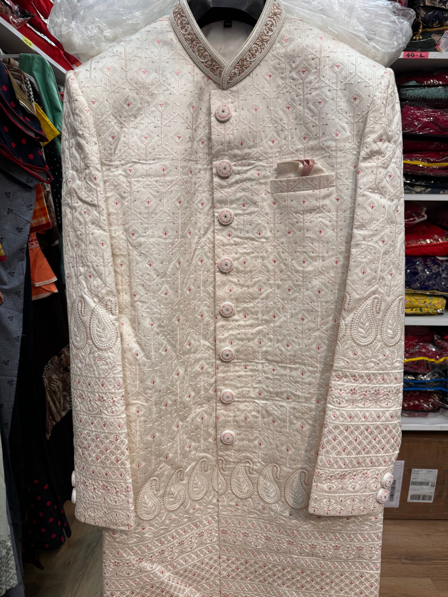 Stunning white color embroidery work sherwani suit for men