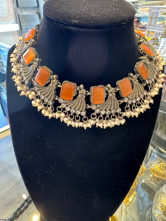 Beautiful Pastel Orange Color Stone Studded Oxidized Designer Necklace for Women