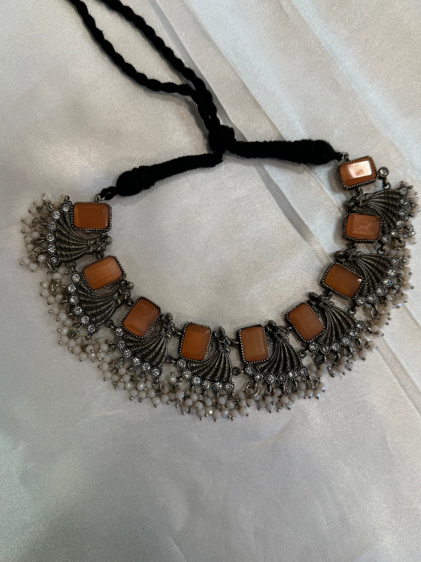 Beautiful Pastel Orange Color Stone Studded Oxidized Designer Necklace for Women