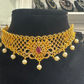 Gold Plated Dark Pink and White Color Stones Choker Set With Earrings In Mesa