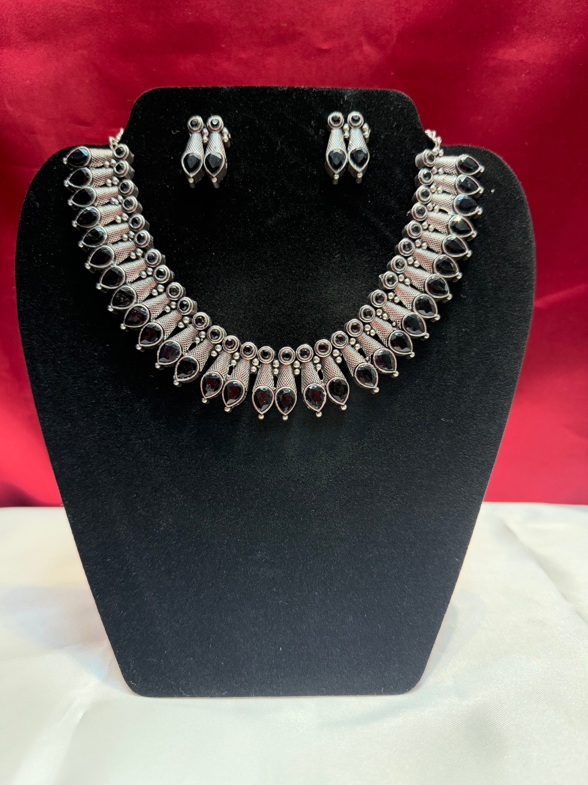 Stylish Black Color Silver Plated Oxidized Necklace With Earrings