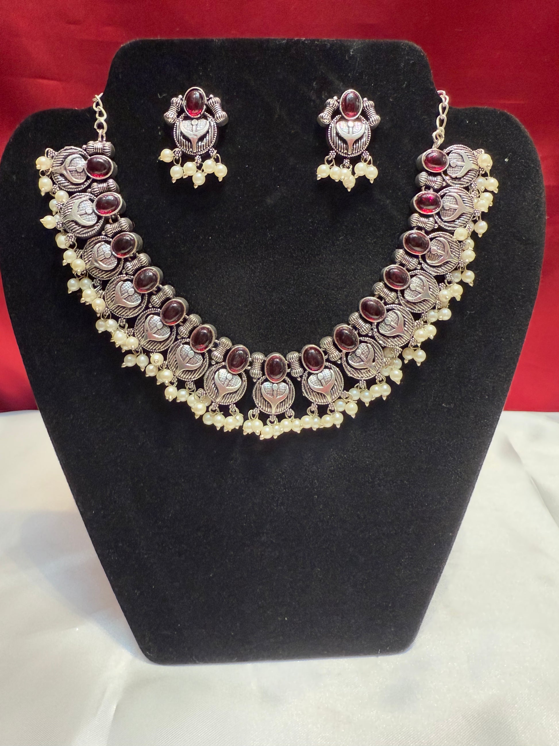 Beautiful Oxidized Maroon Stone Beaded Necklace With Earrings