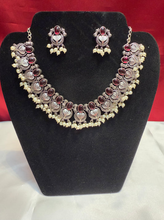 Beautiful Oxidized Maroon Stone Beaded Necklace With Earrings