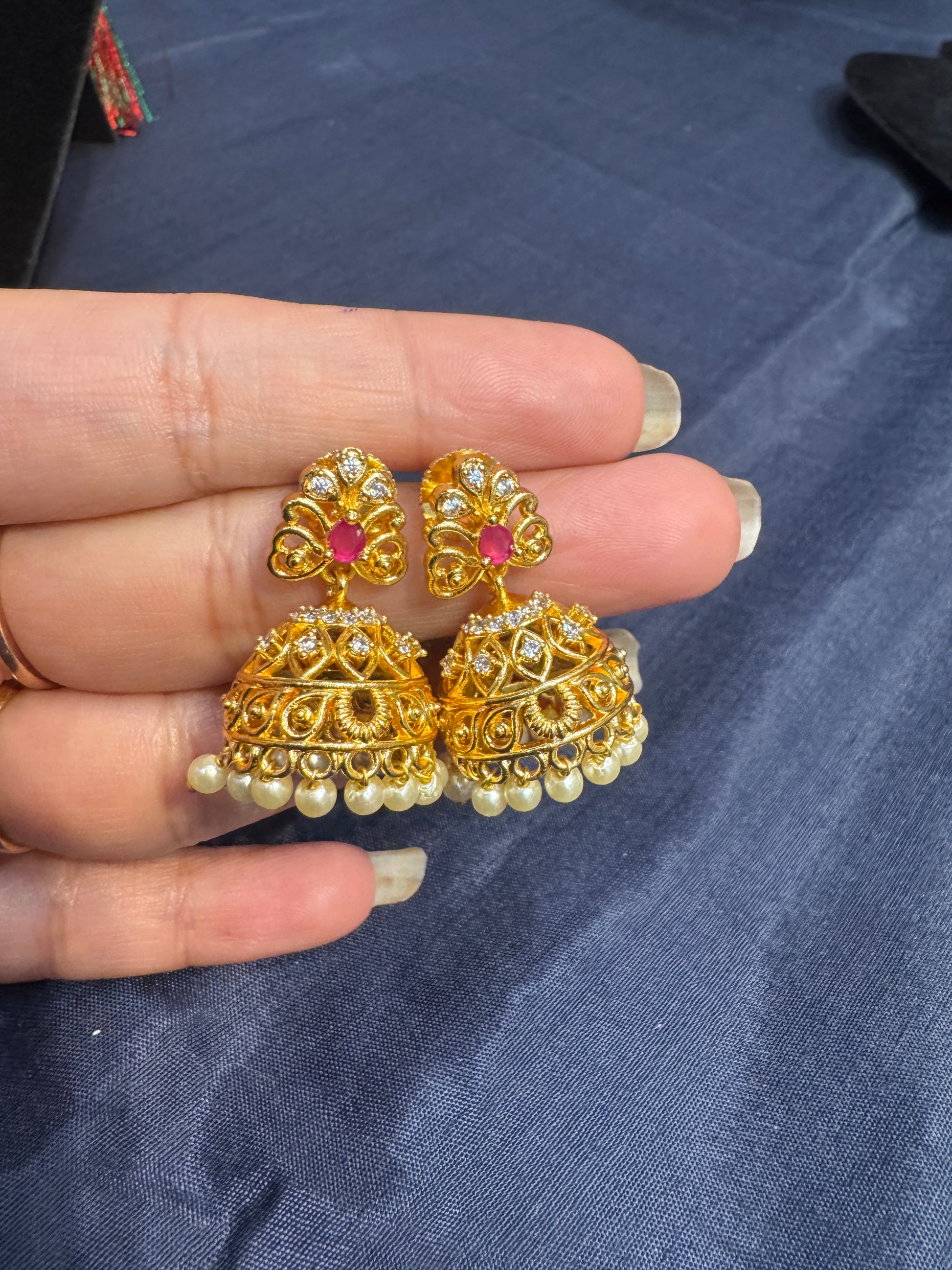Gold Plated Dark Pink and White Color Stones Choker Set With Earrings In Phoenix