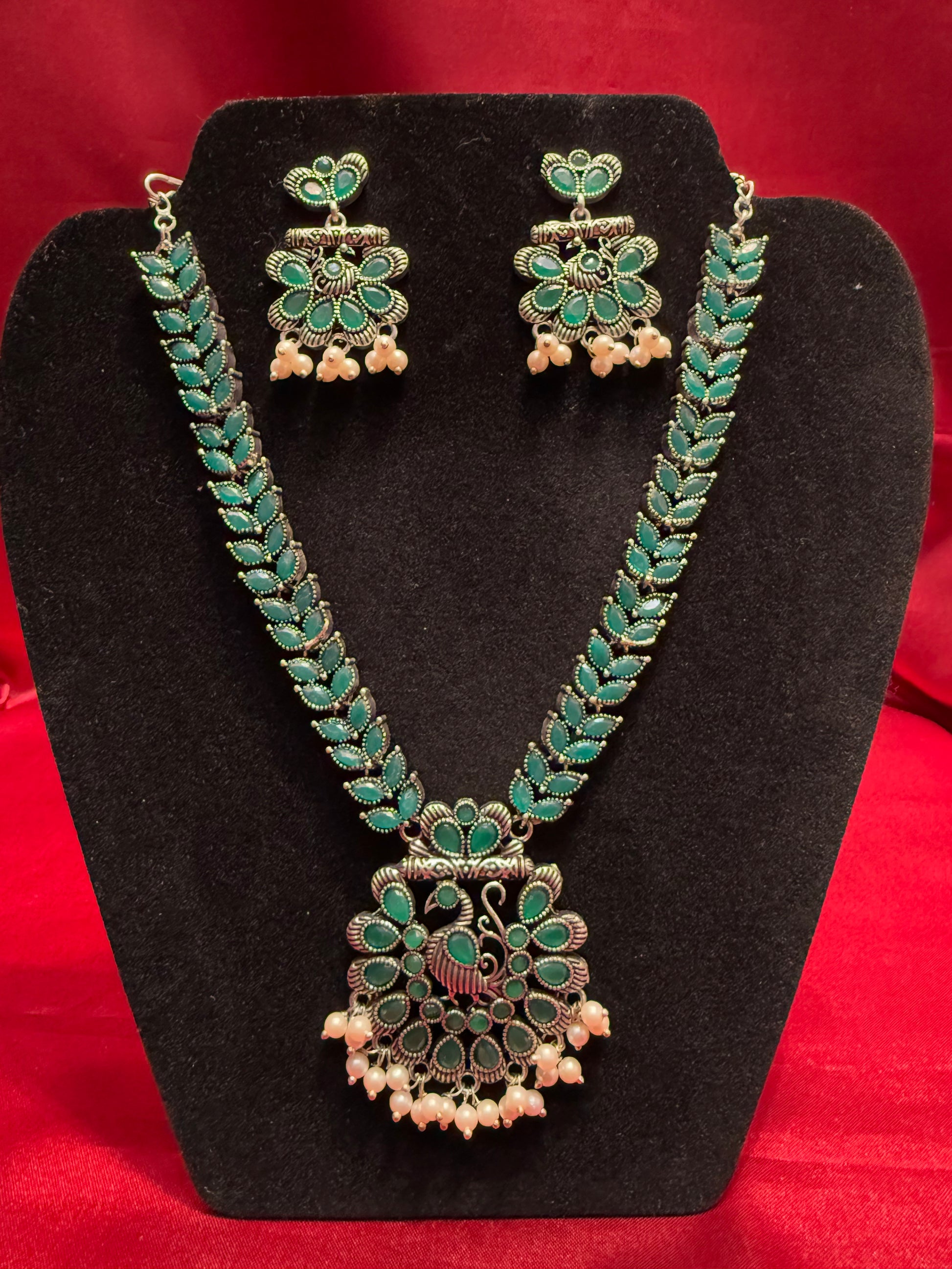 Delightful Green Color Peacock Design Oxidized Necklace With Earrings Set