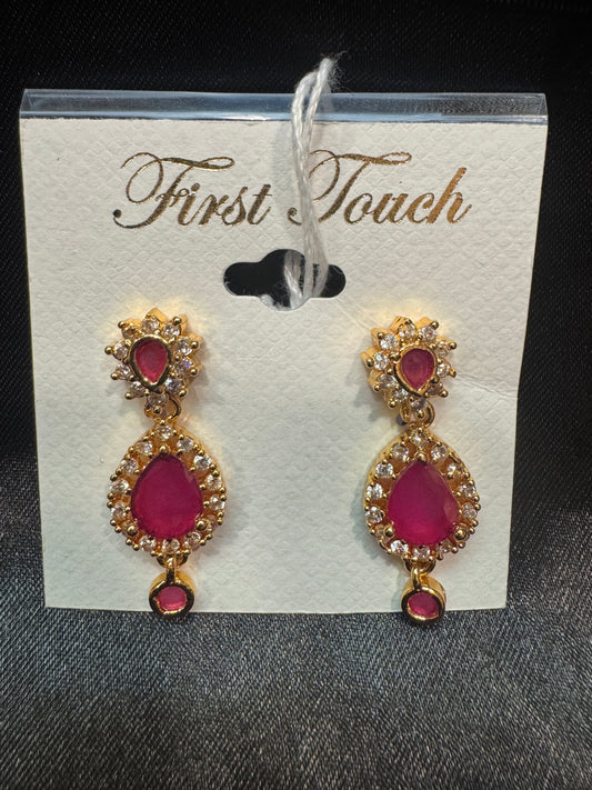 Beautiful Dark pink  And White Stones Gold Plated Earrings For Women
