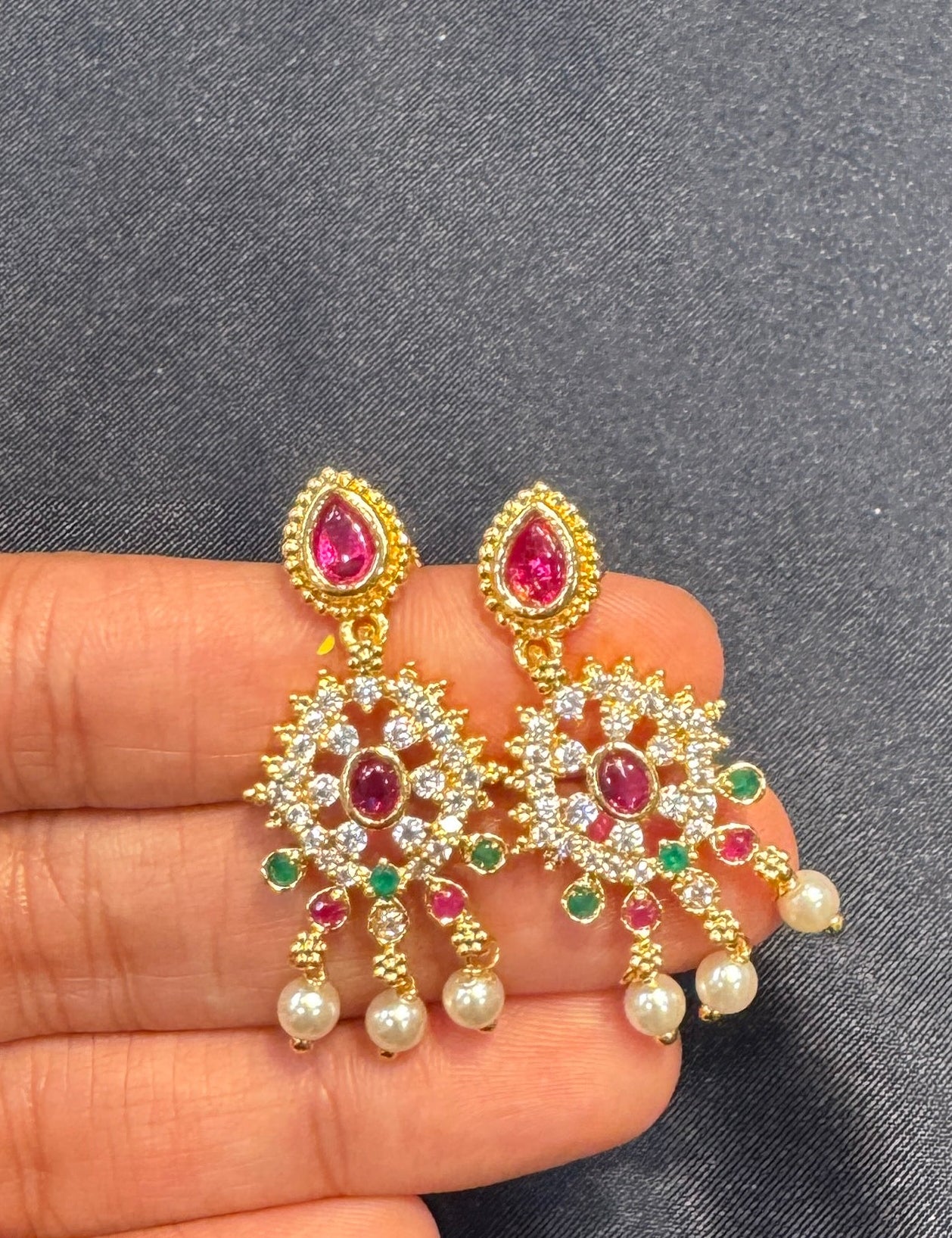 Pretty Gold Plated Pink And Green With Pearls Earrings Near Me