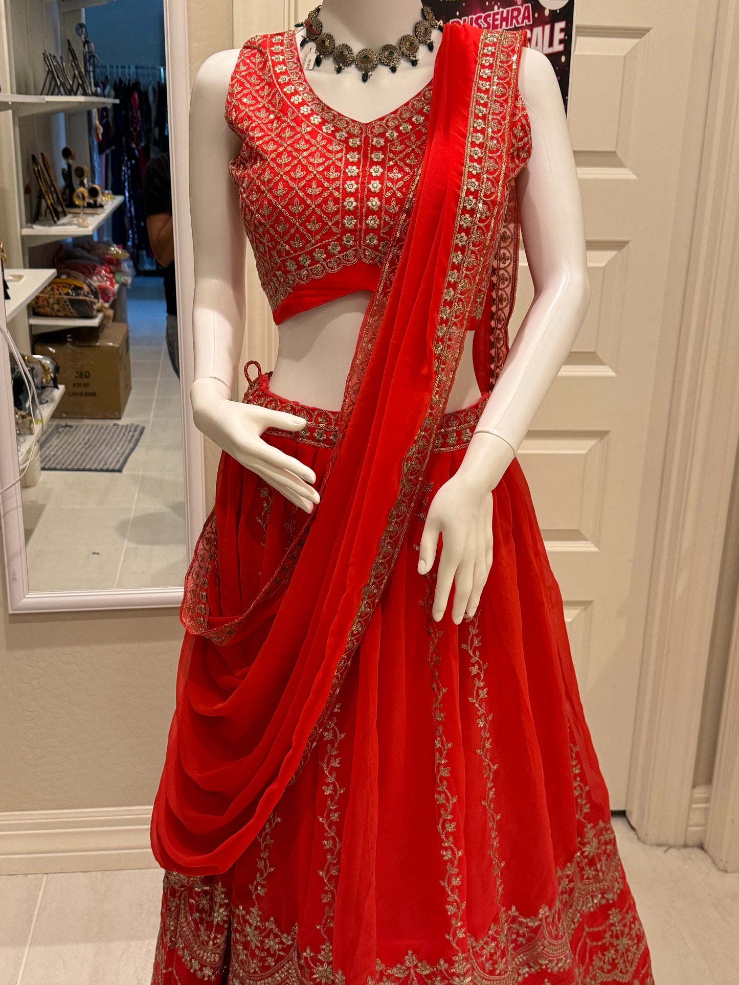 Beautiful Orange Color Sequins With Thread Work Lehengas With Dupatta Set