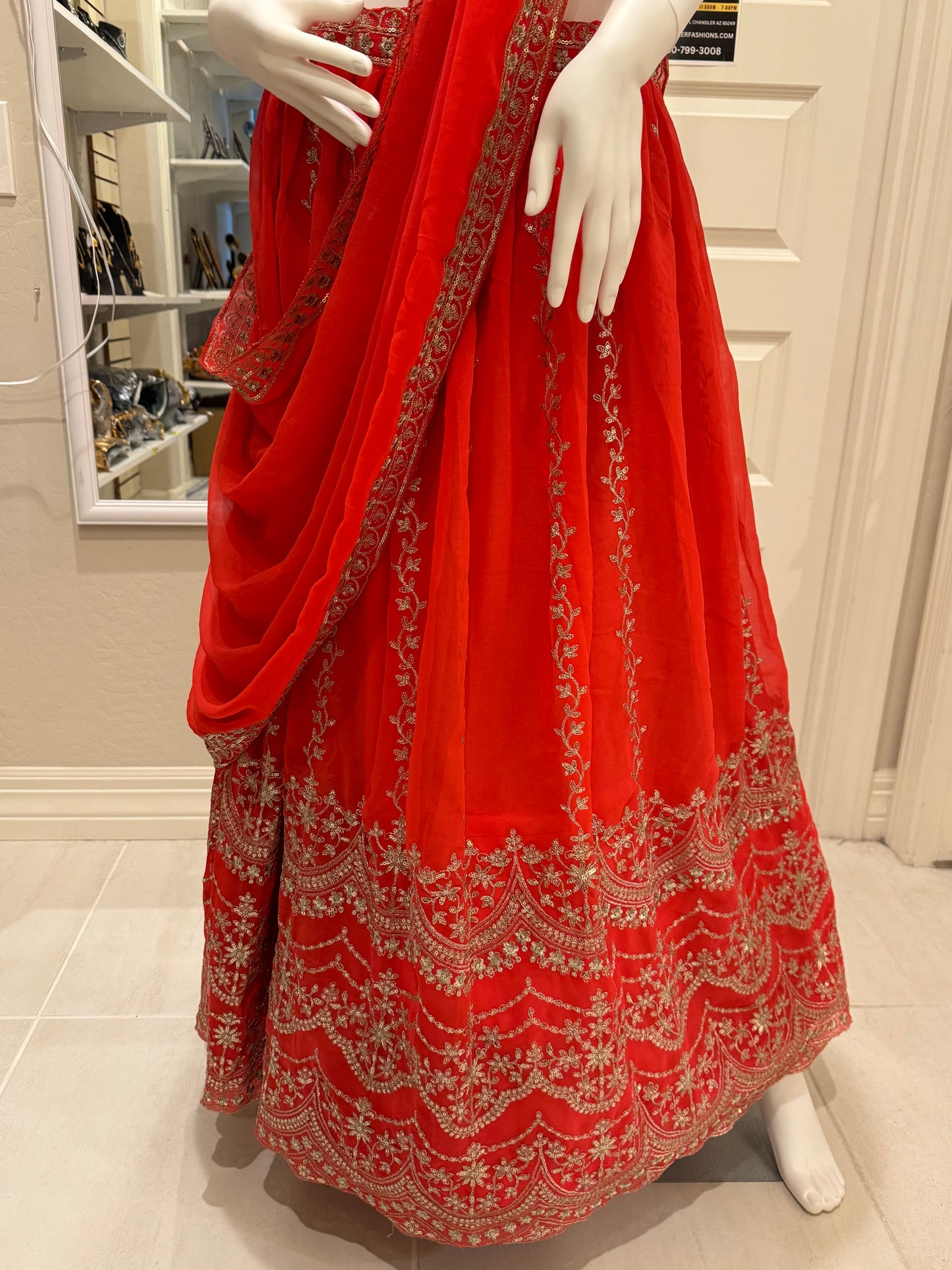 Beautiful Orange Color Sequins With Thread Work Lehengas With Dupatta Set