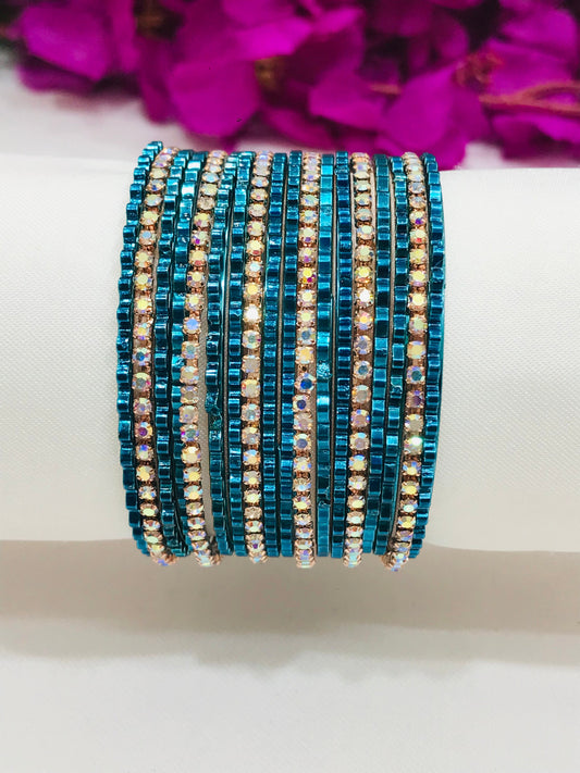 Glinting Teal Blue Color Metal Bangles With White Stones For Women