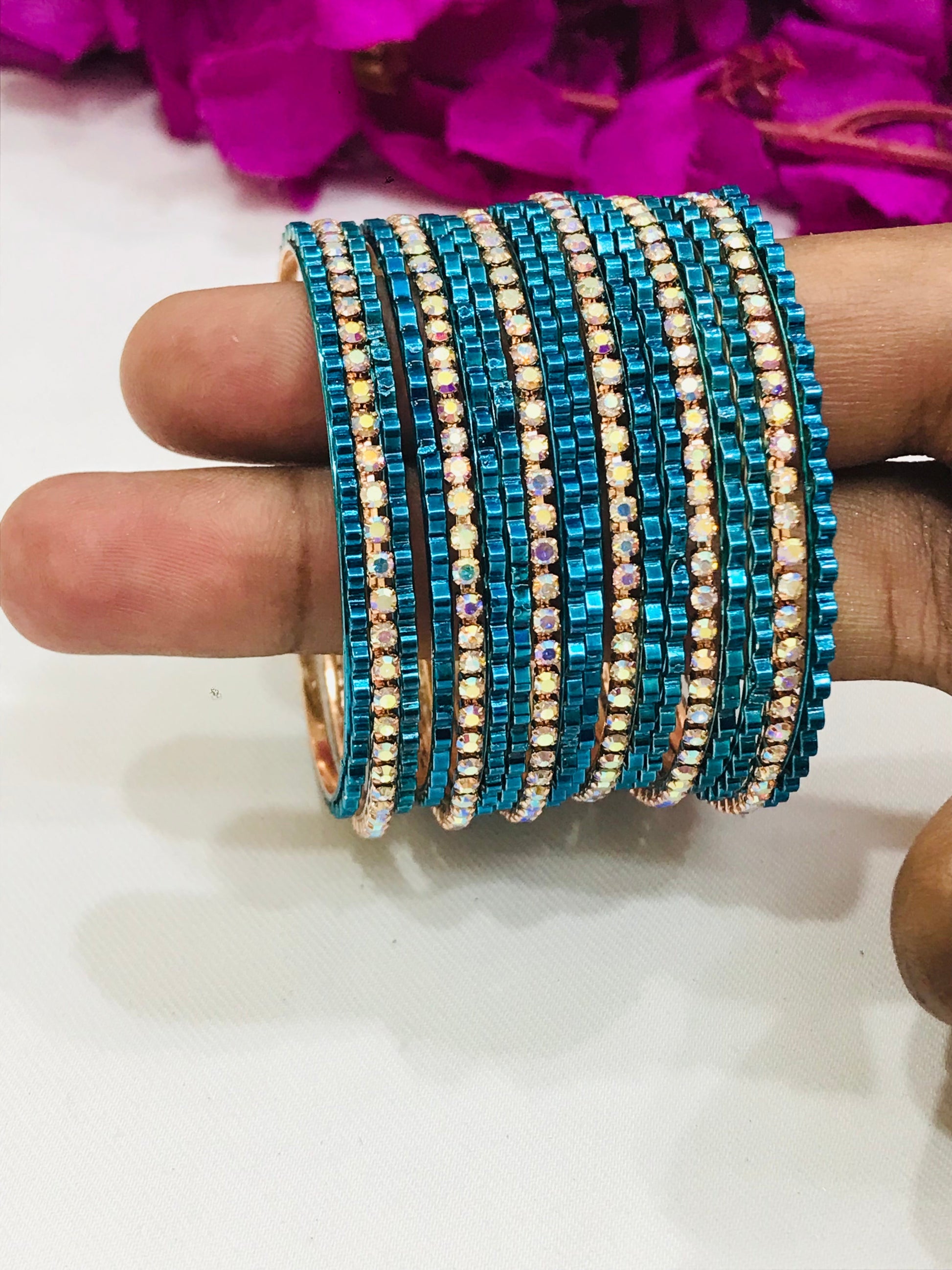 Teal Blue Color Metal Bangles With White Stones For Women Near Me