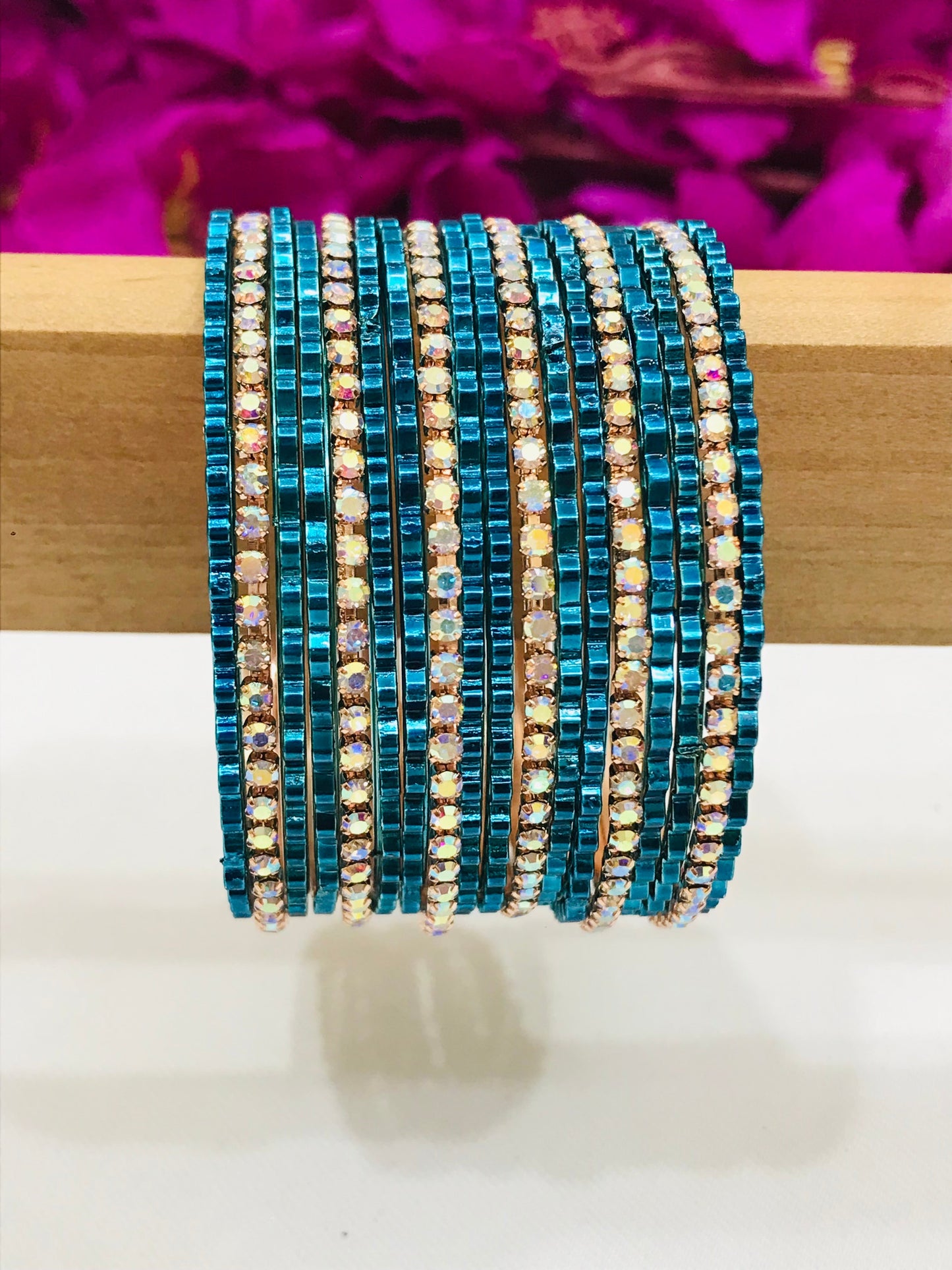 Teal Blue Color Metal Bangles With White Stones For Women In USA