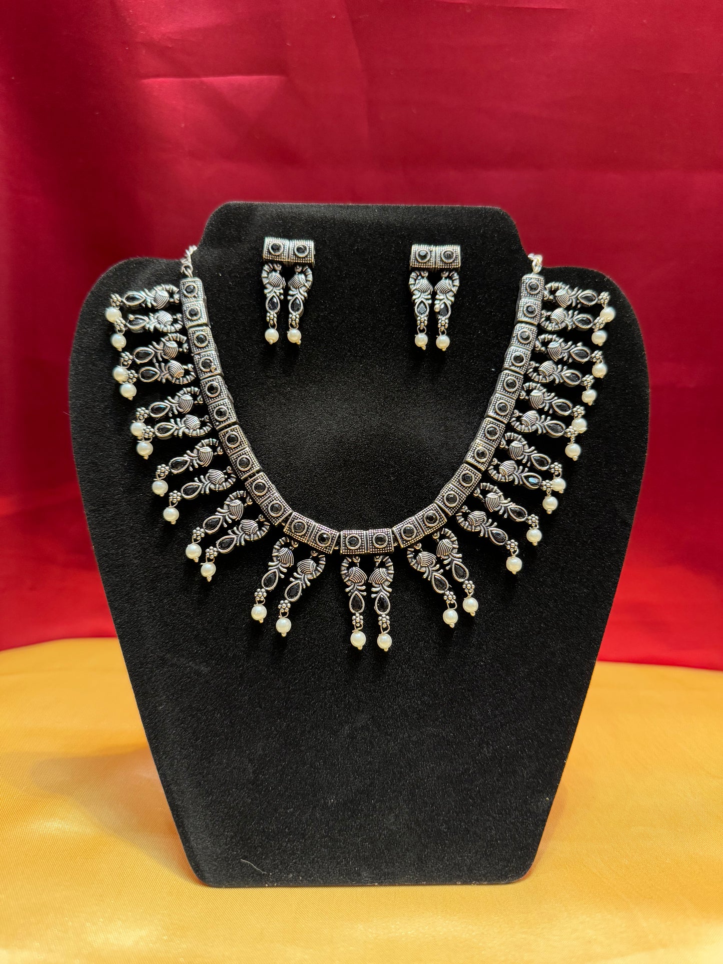 Elegant Black Color Oxidized Pearl Drop Necklace With Earrings Set