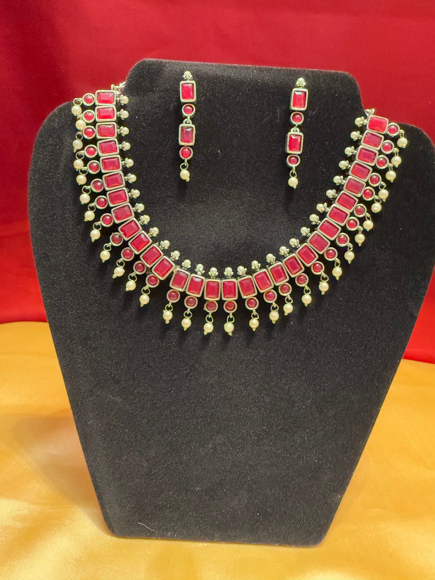 Elegant Pink Color Oxidized Pearl Drop Necklace With Earrings Set