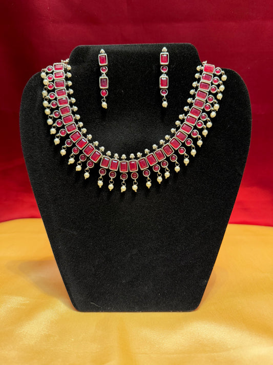 Elegant Pink Color Oxidized Pearl Drop Necklace With Earrings Set