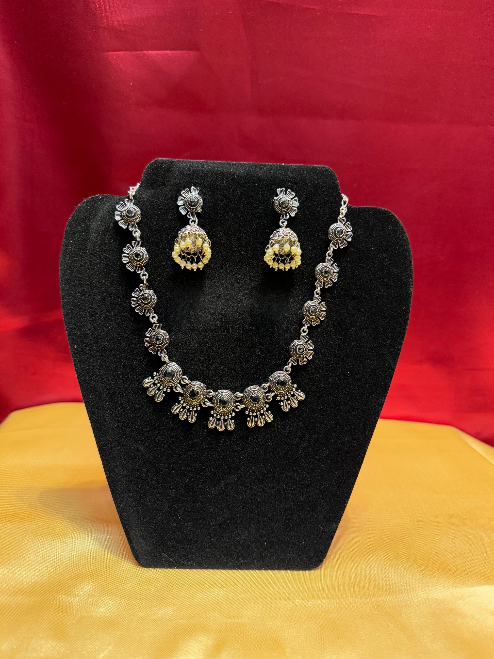 Black Color Necklace With Pearl Drop Jhumka Set In USA