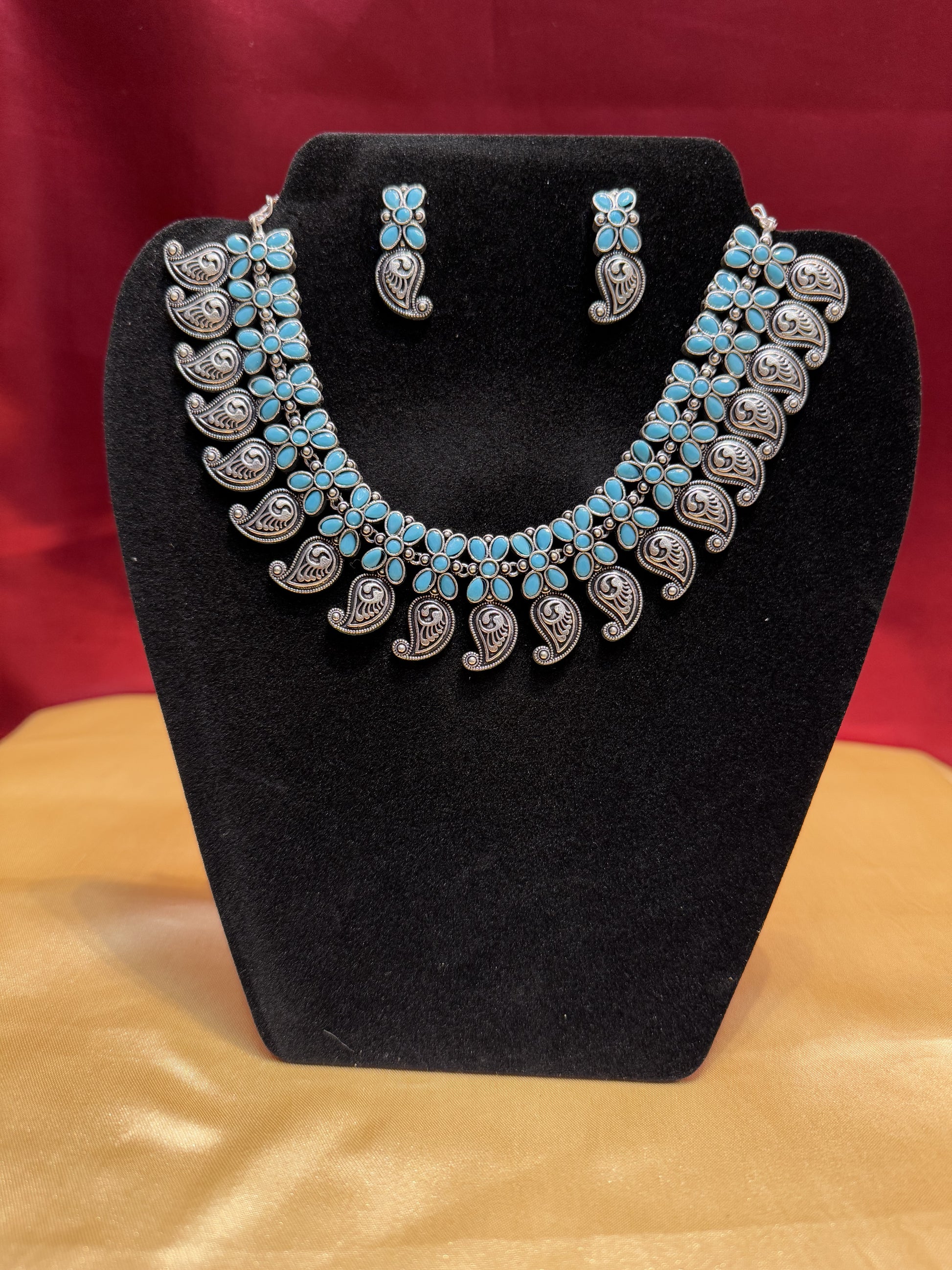 Alluring Light Blue Color Oxidized Necklace With Earrings Set