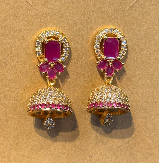 Dazzling Dark Pink And White Stones With Gold Plated Earrings