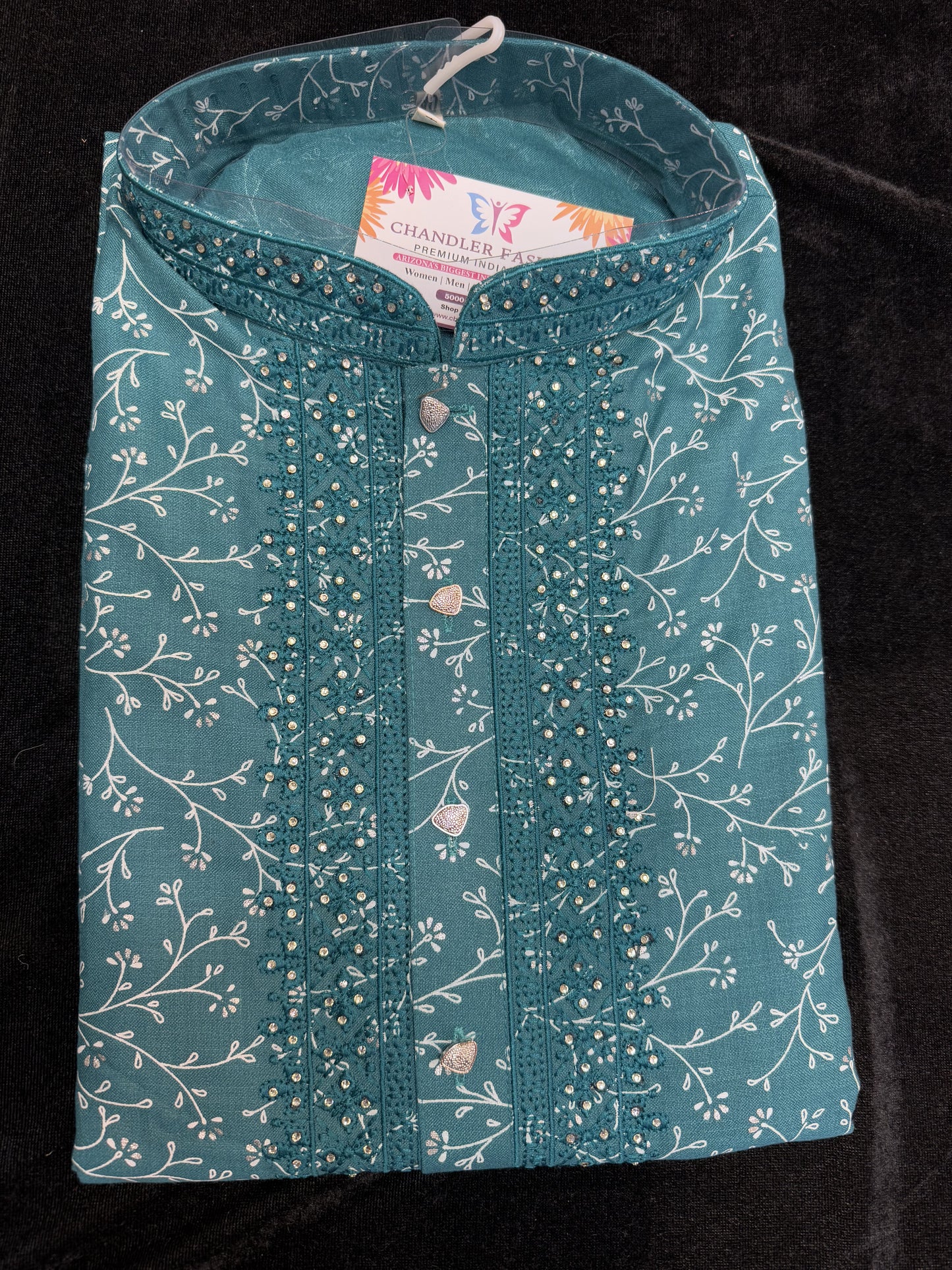 Alluring Teal Blue Color Cotton Full Sleeve Embroidery Kurta Pajama Set Near Me