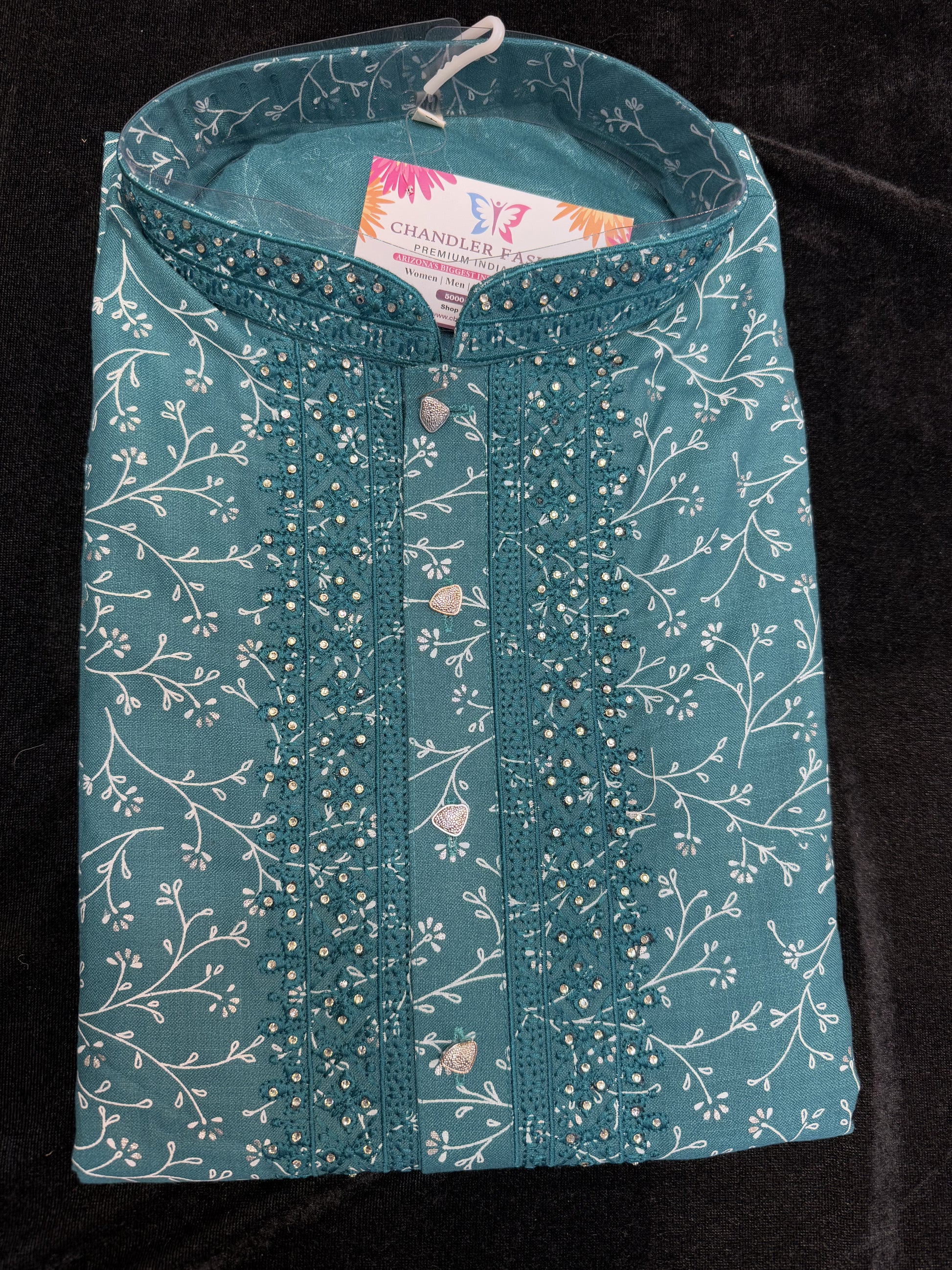 Alluring Teal Blue Color Cotton Full Sleeve Embroidery Kurta Pajama Set Near Me
