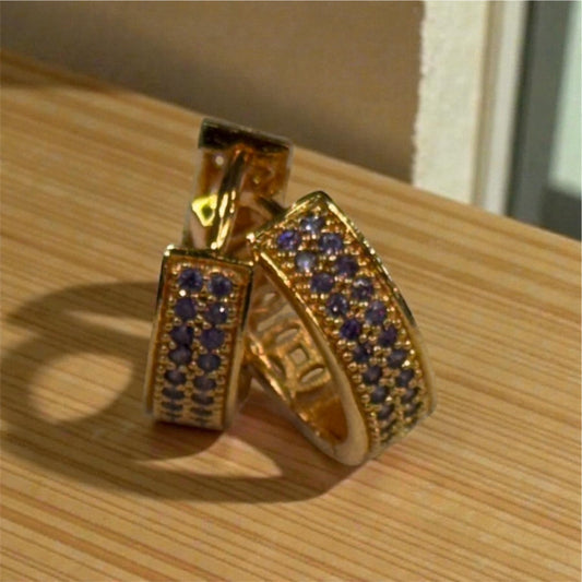 Pretty Round Shape Gold Plated Earrings With Purple Stones For Women