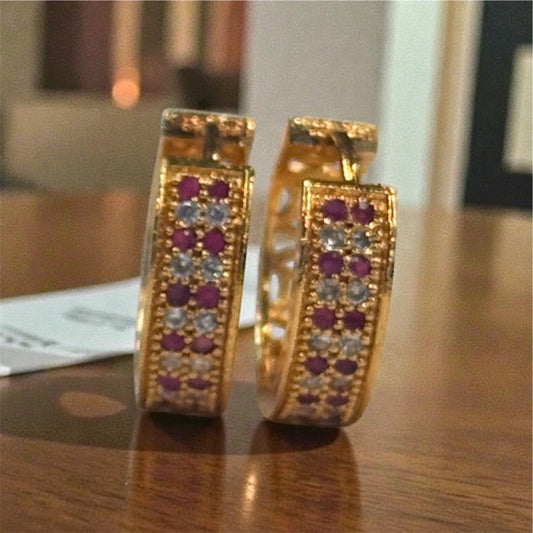 Beautiful Round Shape Gold Plated Earrings With White And Pink Color Stones For Women