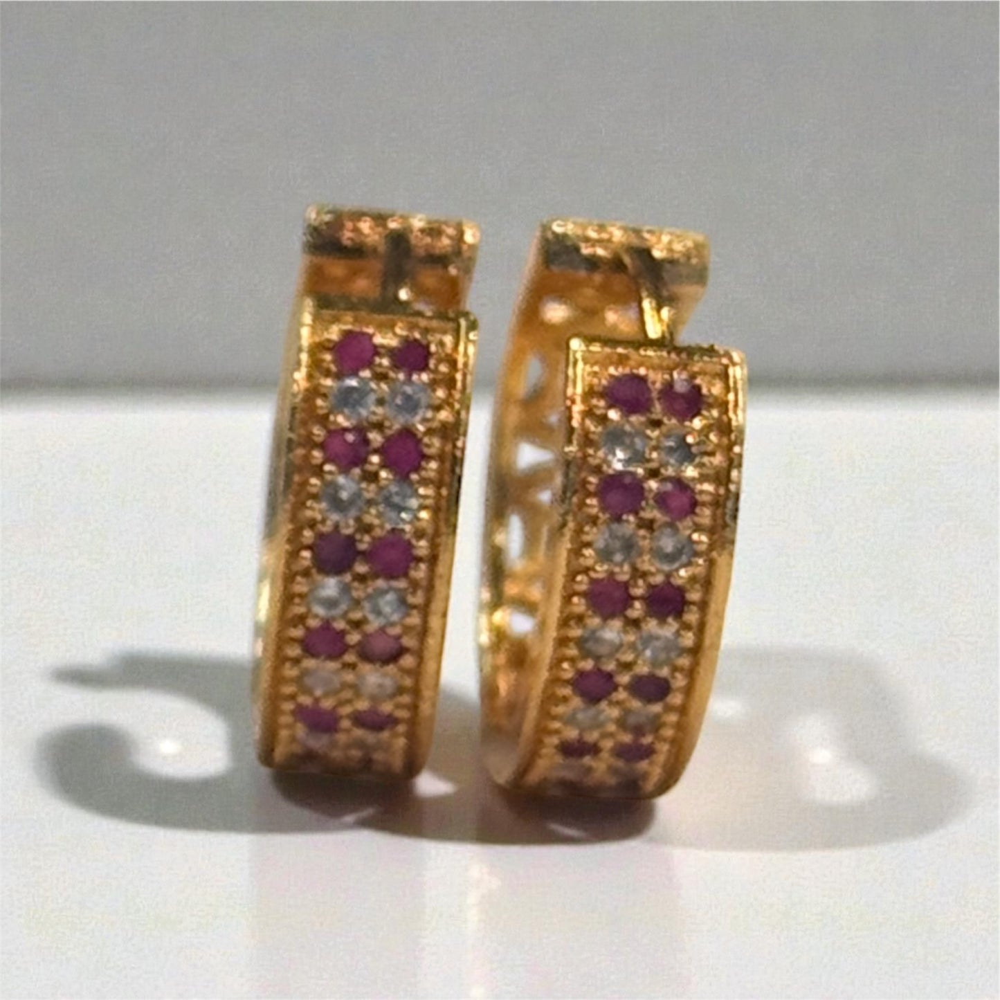 Round Shape Gold Plated Earrings With White And Pink Color Stones For Women Near Me